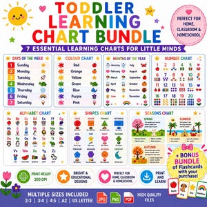 May include: A toddler learning chart bundle featuring seven educational posters including days of the week, colors, months, numbers, alphabet, shapes, and seasons. The colorful design includes icons, text, and a bonus flashcard set for home or school.