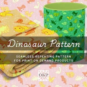 Könnte beinhalten: Ein gefalteter Stoff und eine Tasse mit einem Dinosaurier-Muster. Der Stoff ist beige mit orangefarbenen und gelben Dinosauriern. Die Tasse ist grün mit grünen Dinosauriern. Der Text "Dinosaur Pattern" wird angezeigt.
