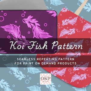 Può includere: Un design a motivo ripetuto senza soluzione di continuità con pesci koi rosa neon su sfondo viola scuro. Il testo "Koi Fish Pattern" è visualizzato in corsivo. Il testo aggiuntivo recita "Motivo Ripetitivo Senza Soluzione di Continuità Per Prodotti su Richiesta".