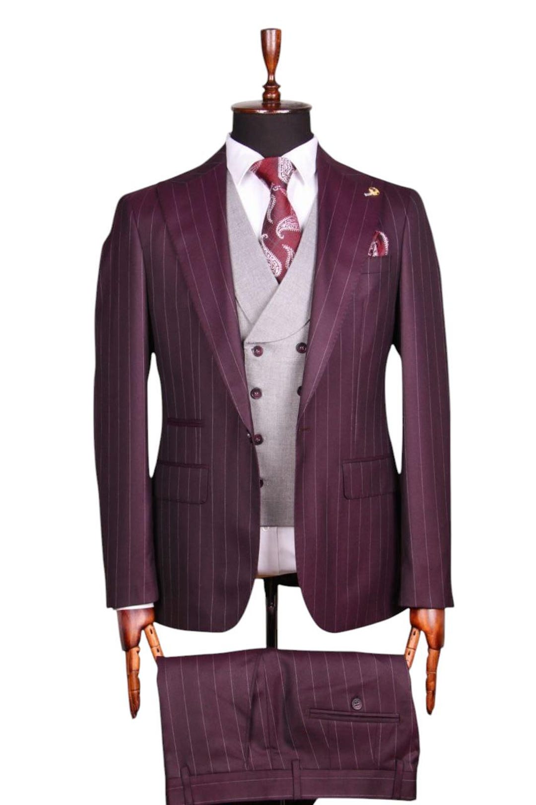 Burgundy Pinstripe Three-piece Suit - Modern Tailored Formalwear - Etsy