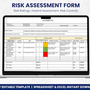 May include: A laptop screen displays a "Risk Assessment Form" with sections for hazard identification, risk evaluation, and risk controls. The form includes text and color-coded cells for risk ratings. The bottom banner reads "FULLY EDITABLE TEMPLATE | SPREADSHEET & EXCEL INSTANT DOWNLOAD."