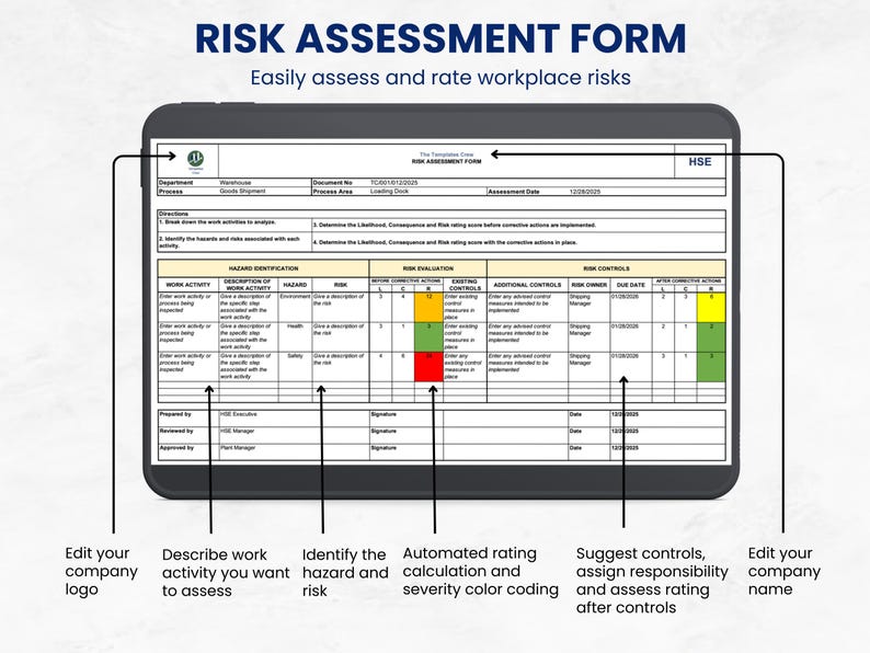Editable Risk Assessment Template | HSE Excel Spreadsheet (digital ...