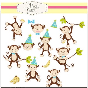 ON SALE Monkey Clip Art // Monkeys boy, Jungle Animals,baby monkey party boys clip art, Instant download clip art