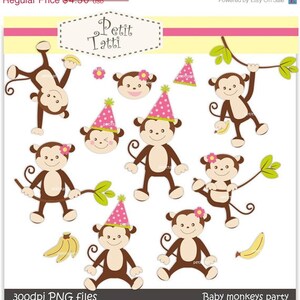 ON SALE monkey girls clip art, Digital clip art, monkey clip art, baby monkey birthday party girls, instant download