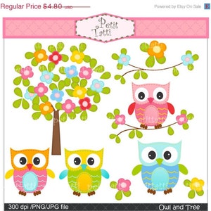 セール中 フクロウのクリップアート - かわいい木のクリップアート、あらゆる用途のデジタルクリップアート、フクロウと花の木、すぐにダウンロードできるクリップアート