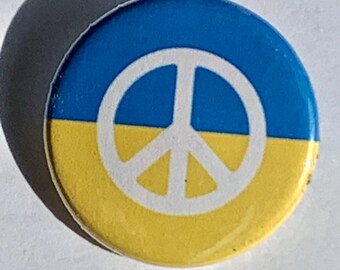 White Peace Sign on Ukraine Flag 1 1/4 inch pinback button badge