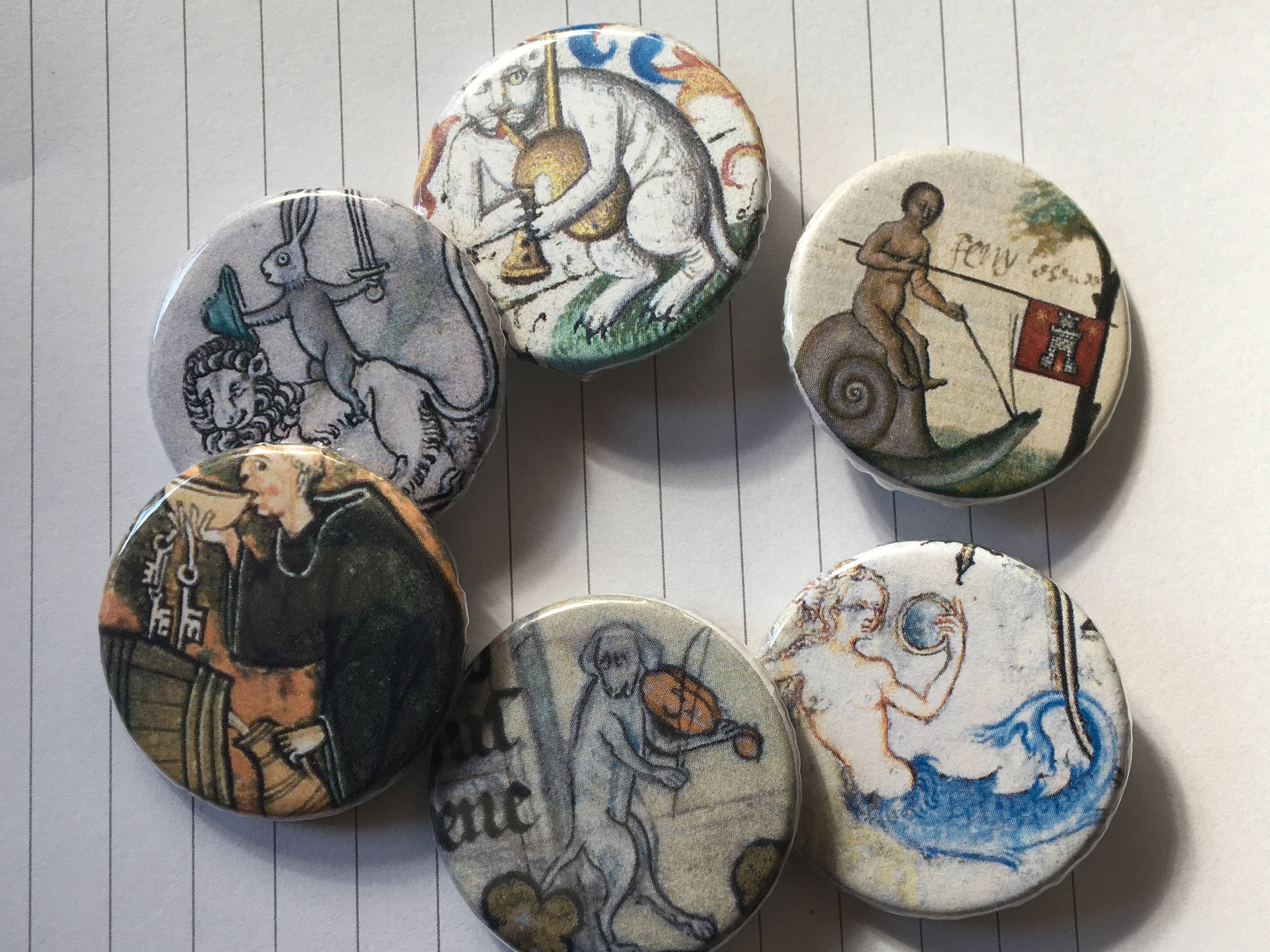 Illuminated Manuscript People and Animals of the Middle Ages 1 1/4 inch pinback buttons