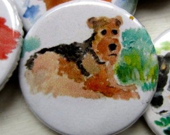 Airedale Terrier Resting in Grass Watercolor 1 1/4 inch pinback button badge