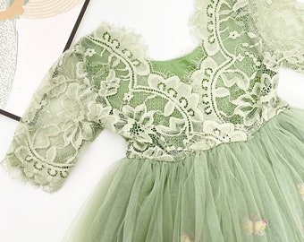 Vert sauge-Robe en tulle brodée florale printanière féerique rose enchantée ORIGINAL, reconstitution historique de fille d'honneur, dos en V, bébé, robe d'anniversaire