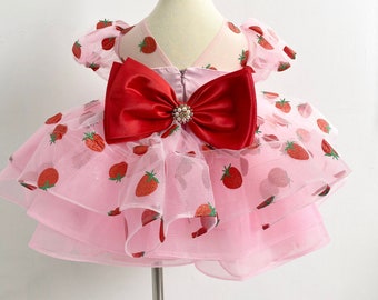 FLAUSCHIGE BABY KLEID | Rote Blumen Erdbeere Pailletten Babykleider | Baby Geburtstags Outfit | Geschenk für Baby Mädchen Obst Print Elegantes Baby Kleid