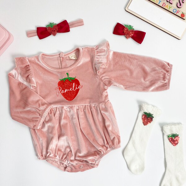 1st birthday velvet girl Outfit, Strawberry Romper, Birthday Strawberry Romper, Strawberry Dress, Personalized baby girl birthday outfit