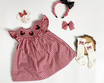 Mouse Ears Smocked Bubble Dress - Rode Ginghham, Baby Girl, Verjaardag, Magische Reis Hand- Smocked Bubble Dress, Baby 1e verjaardag outfit set