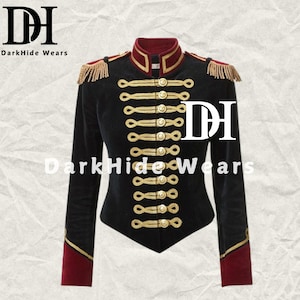 Handmade Women&#39;s Black Velvet Military Jacket with Gold Epaulettes | Perfect Gift for Her