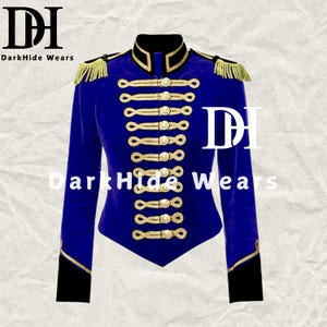 Handmade Women&#39;s Blue Velvet Military Jacket with Gold Epaulettes | Perfect Gift for Her