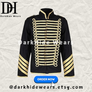 Handcrafted Men&#39;s Gold Hussar Parade Steampunk Gothic Jacket, Military Style Jacket, Gothic Fashion, Vintage Steampunk Coat, Unique Gift