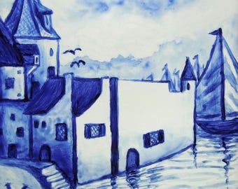 Azulejo de porcelana azul de Delft pintado a mano con acabado brillante para salpicadero de cocina y decoración de paredes. 4 opciones de diseño. Ideal para regalar.