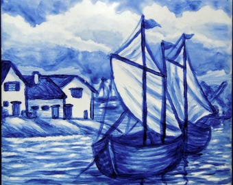 Azulejo de porcelana azul de Delft pintado a mano con acabado brillante para salpicadero de cocina y decoración de paredes. 4 opciones de diseño. Ideal para regalar.