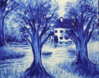 Azulejo de porcelana azul de Delft pintado a mano con acabado brillante para salpicadero de cocina y decoración de paredes. 4 opciones de diseño. Ideal para regalar.