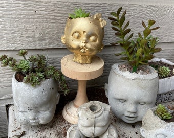 1 Gold Mavis Concrete Baby Doll Head Planter Decoration Bookend “A”