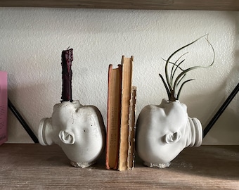 1 CONCRETE Candle Airplant Holder Baby Doll Head Taper Bookend Bleeding Candle - “Ophelia”
