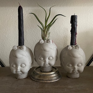 1 CONCRETE Baby Doll Head Candle Holder Air Plant Taper Bookend Bleeding Candles- “Lucy”