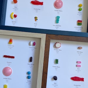 May include: A framed display of various popular candies, including Gummy Bears, Swedish Fish, Skittles, Airheads Xtreme, and Sour Patch Kids. Each candy is displayed with its name, brand, and year of introduction.