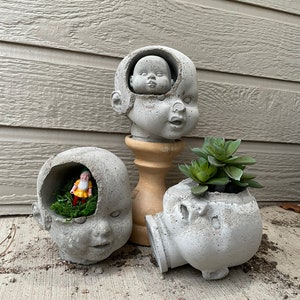 Large Sideways/Fallen Concrete Baby Doll Head Planter Decoration Garden Plant "Cheryl" Weird Decor