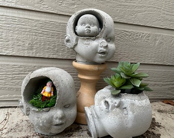Large Sideways/Fallen Concrete Baby Doll Head Planter Decoration Garden Plant "Cheryl" Weird Decor