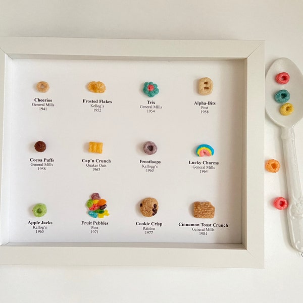 8x10 REAL Cereal History of Cereal | Style #2 Choose Frame Color | Cereal Art | Ode to Cereal | Specimen Chart | Cereal Chart Valentine