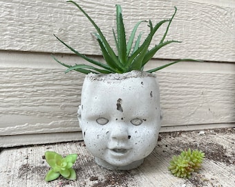 1 Large Concrete Baby Doll Head Planter/ Candle Garden Yard Lanai -large "Jeff"