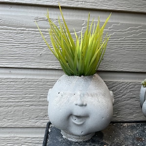 May include: A gray concrete planter shaped like a smiling face with a green artificial plant growing out of the top.