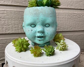 1 White Walker CONCRETE Baby Doll Head Planter Plant- large "Jeff"