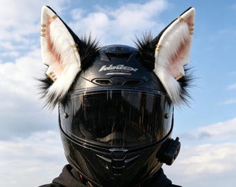 Może przedstawiać: Czarny kask motocyklowy z przyciemnianą szybką i nadrukowaną z przodu nazwą marki Koldex. Na górze przymocowane są dwa duże, spiczaste uszy zwierzęce ze sztucznego futra, czarne na zewnątrz i białe w środku, ozdobione złotymi akcentami.