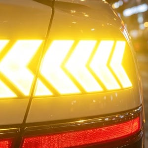 May include: A white vehicle rear light assembly featuring a bright yellow LED turn signal with a distinct chevron arrow pattern. Below the yellow signal, a horizontal red light strip is visible on the white car body panel at night.