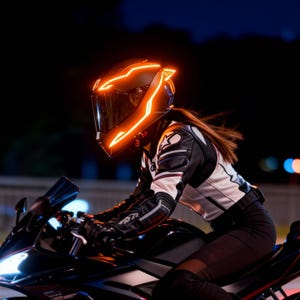 May include: A black motorcycle helmet with bright orange LED lights outlining the shape. The helmet is worn by a person riding a black motorcycle at night. The person is wearing a black and white motorcycle jacket.