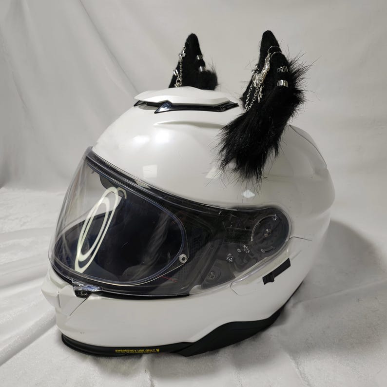 May include: White motorcycle helmet with a clear visor and black faux fur cat ears with silver charms.