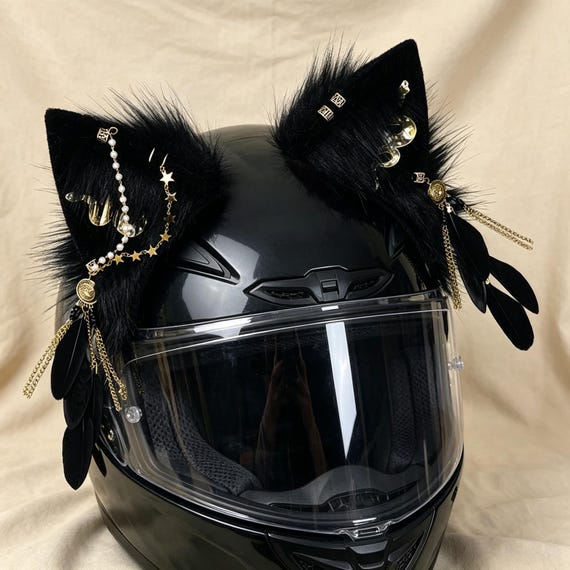Black Gothic Wolf Cat Ears Helmet Decor with 3M Adhesive Tape, Fluffy Furry Ears Gold Star Chains Black Feather Tassels