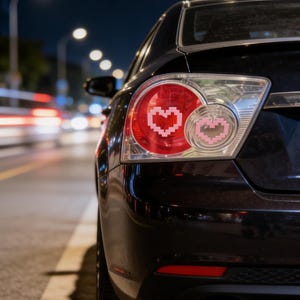 May include: Black car's rear taillight featuring a pixelated pink heart design. The car is parked on a city street at night, with blurred lights in the background. The taillight is red and white.
