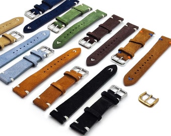 Genuine Leather Strap Double Buckle Suede with Stitching Vintage Laces ONE MORE STRAP 18 mm 20 mm 22 mm Black Blue Green Brown Lace Strap
