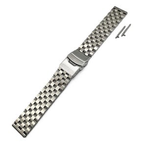 May include: A stainless steel watch band with a square link design. The band features a folding clasp and comes with two spring bars for attachment. The band is shown on a white background.