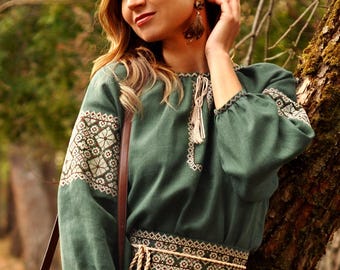 Handmade Green Linen Maxi Dress: Geometric Embroidered Boho Clothing