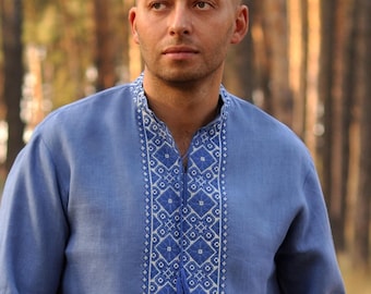Blue Linen Shirt for Men | Ukrainian Vyshyvanka | Embroidered Shirt