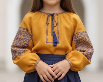 First Day of School Embroidered Blouse, Girls Ukrainian Vyshyvanka Shirt, Kids Linen School Outfit