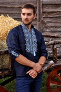 Dark Blue Linen Vyshyvanka Men – Traditional Ukrainian Embroidered Shirt with Slavic Ornament