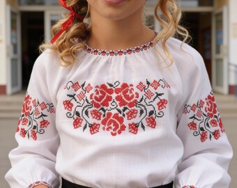 Embroidered Ukrainian Shirt for Girls, Linen Vyshyvanka Kids Blouse, Back to School and Flower Girl Outfit