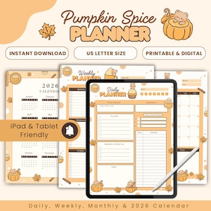 May include: A digital Pumpkin Spice Planner with a 2026 calendar, weekly and daily planner pages, and a tablet-friendly design. The design features fall-themed illustrations, including pumpkins, leaves, and a bear. The planner is available for instant download.
