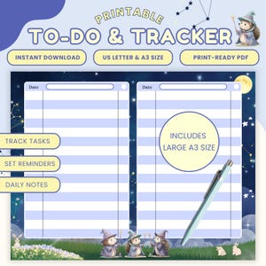 May include: A printable to-do and tracker sheet with a whimsical design. The layout includes sections for tasks, reminders, and daily notes. The design features a night sky theme with stars, a moon, and illustrations of hedgehogs and rabbits. Includes US Letter & A3 size.