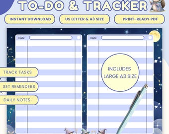 May include: A printable to-do and tracker sheet with a whimsical design. The layout includes sections for tasks, reminders, and daily notes. The design features a night sky theme with stars, a moon, and illustrations of hedgehogs and rabbits. Includes A3 size.