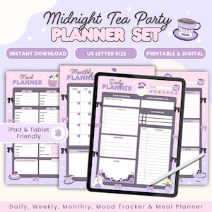May include: A digital planner set with a Midnight Tea Party theme. The set includes a meal planner, monthly planner, and daily planner, all in shades of purple and white. The set is designed for use on an iPad or tablet and is available for instant download.