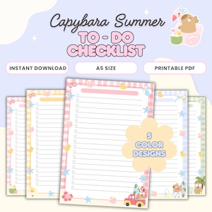 以下が含まれることがあります： カピバラ夏のテーマのA5サイズの印刷可能なチェックリスト。デザインは、アヒル、花、星など、装飾的なボーダーを備えた5つのカラーオプションを備えています。「Capybara Summer TO-DO CHECKLIST」、「Instant Download」、「Printable PDF」のテキストが含まれています。